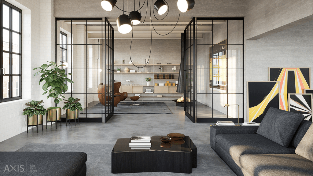 Schwarze Glaswand als Raumteiler mit Pivot Türen und industriellen Sprossen für moderne Architektur.
